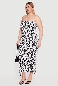 Plus Animal Print Tube Dress with Side Fringe
