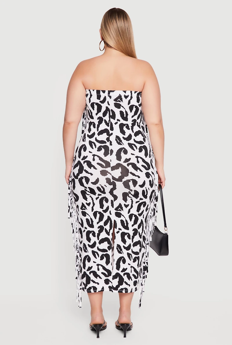 Plus Animal Print Tube Dress with Side Fringe