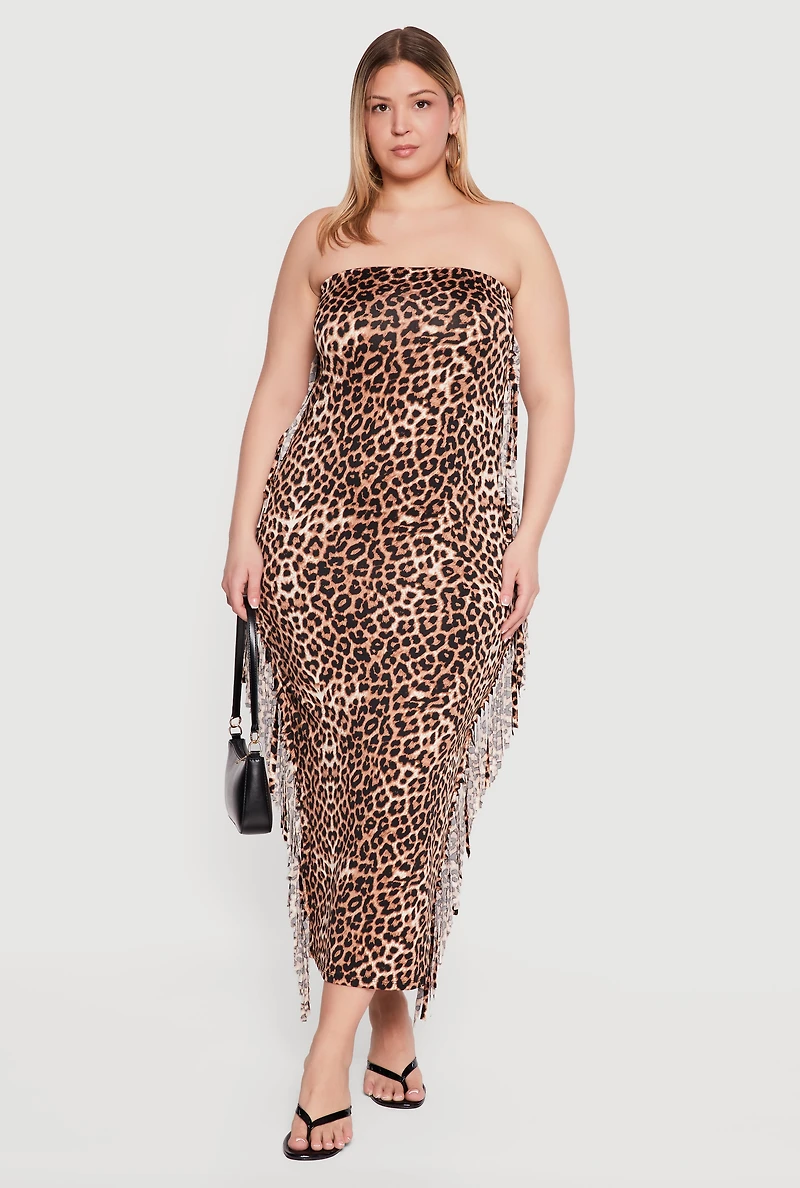 Plus Leopard Print Tube Dress with Side Fringe