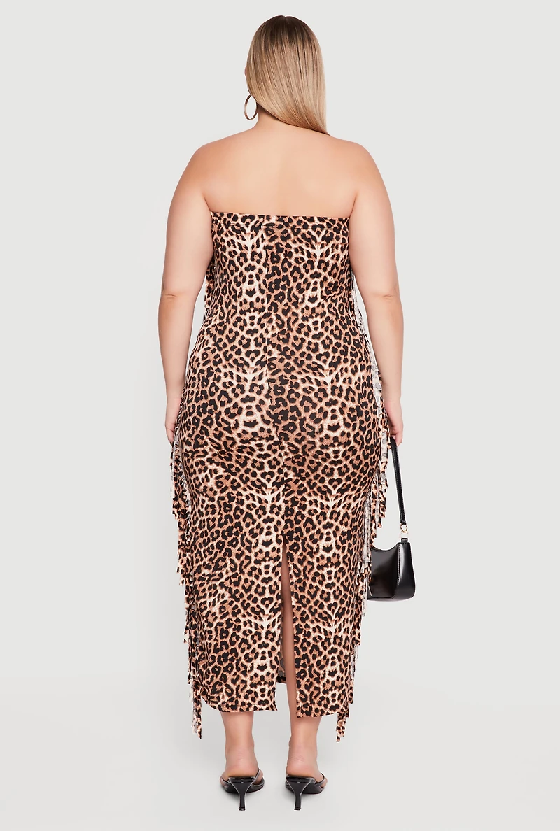 Plus Leopard Print Tube Dress with Side Fringe