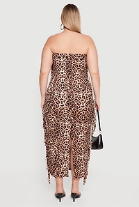 Plus Leopard Print Tube Dress with Side Fringe