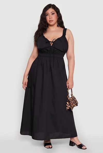 Womens Plus Poplin Tie Front Maxi Dress,