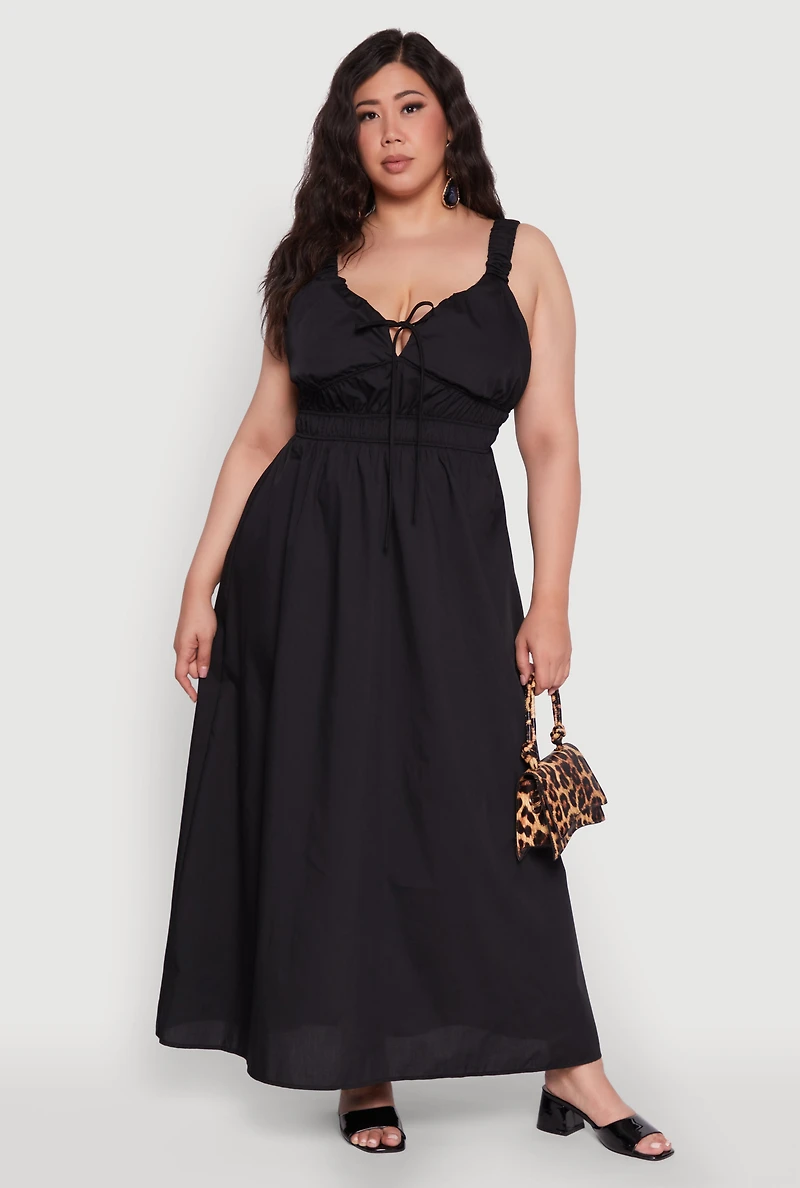 Plus Poplin Tie Front Maxi Dress