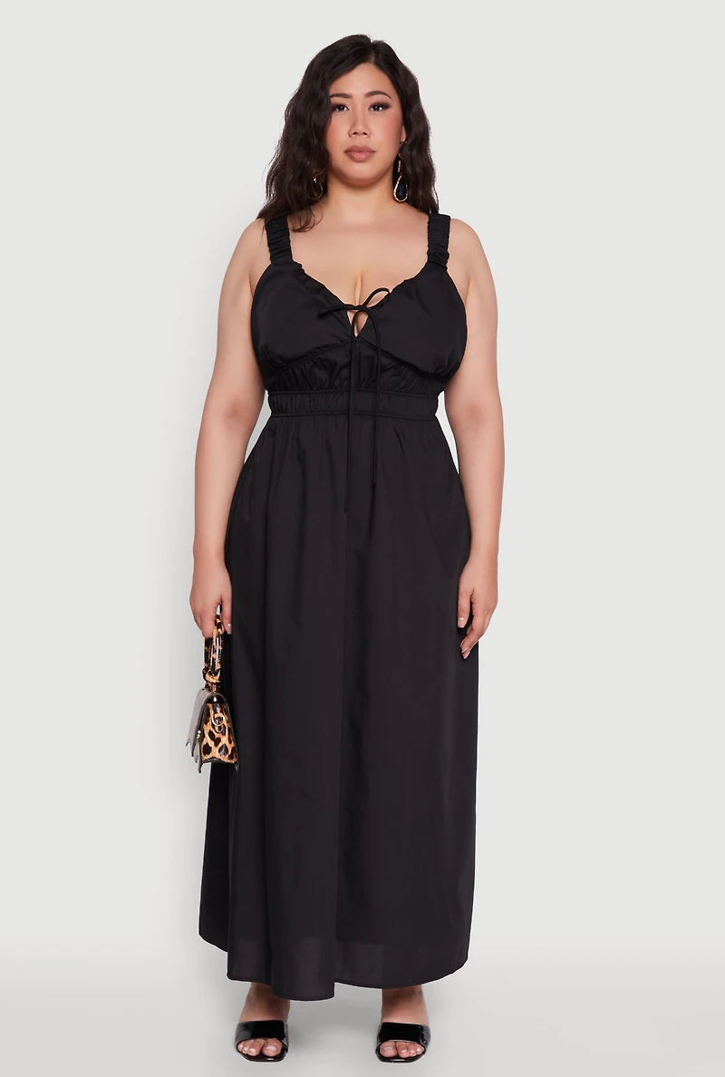 Womens Plus Poplin Tie Front Maxi Dress,