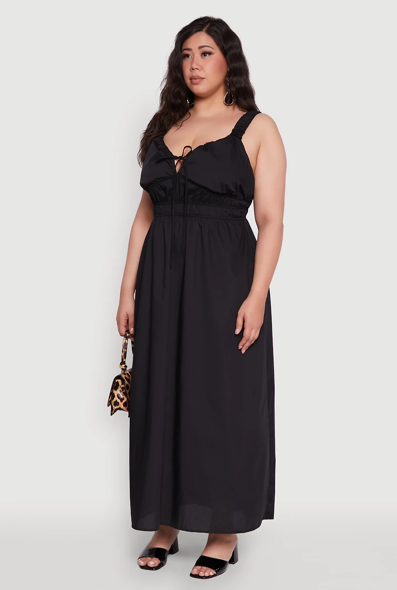 Womens Plus Poplin Tie Front Maxi Dress,