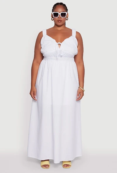Womens Plus Size Poplin Tie Front Maxi Dress, White, Size 1X