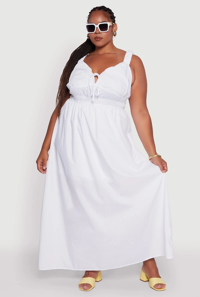 Womens Plus Size Poplin Tie Front Maxi Dress, White, Size 1X
