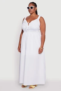 Womens Plus Size Poplin Tie Front Maxi Dress, White, Size 1X