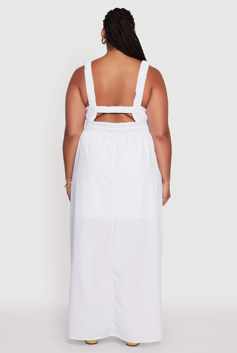 Womens Plus Size Poplin Tie Front Maxi Dress, White, Size 1X