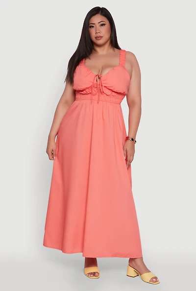 Womens Plus Size Poplin Tie Front Maxi Dress, Orange, Size 3X