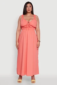 Womens Plus Poplin Tie Front Maxi Dress, 1X