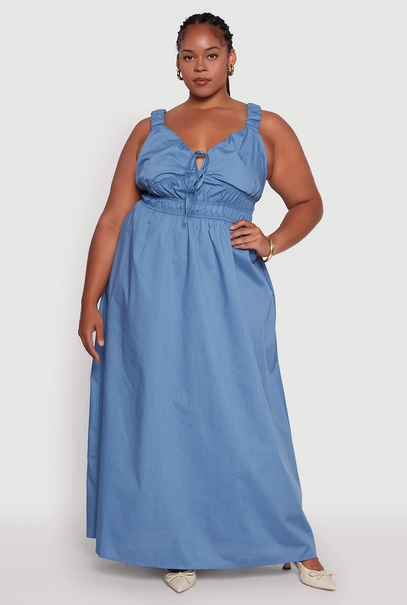 Womens Plus Size Poplin Tie Front Maxi Dress, Blue, Size 3X