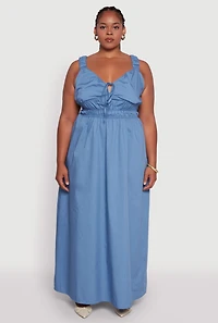 Womens Plus Size Poplin Tie Front Maxi Dress, Blue, Size 3X