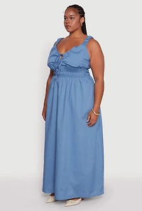 Womens Plus Size Poplin Tie Front Maxi Dress, Blue, Size 3X