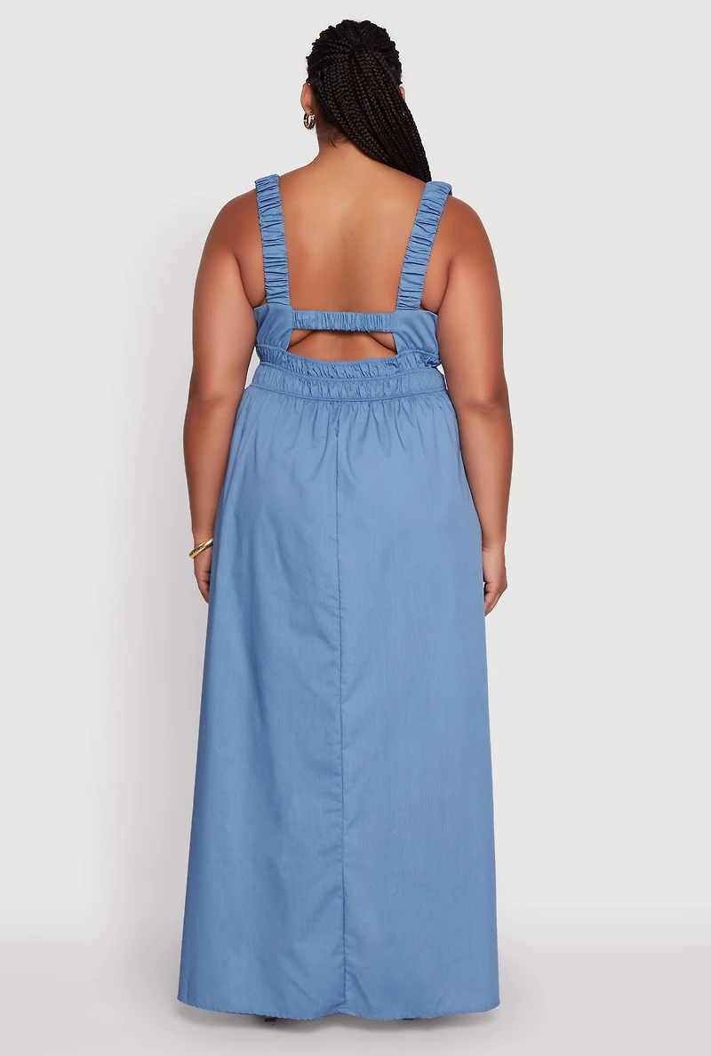 Womens Plus Size Poplin Tie Front Maxi Dress, Blue, Size 3X