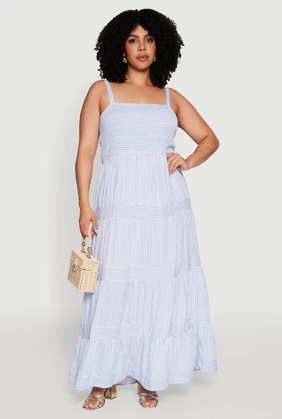 Womens Plus Size Smocked Tiered Maxi Sundress, Blue, Size 3X