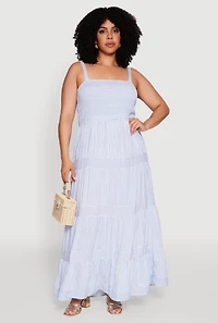 Womens Plus Size Smocked Tiered Maxi Sundress, Blue, Size 3X