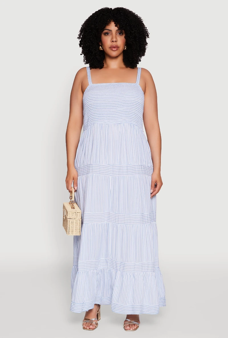 Womens Plus Size Smocked Tiered Maxi Sundress, Blue, Size 3X
