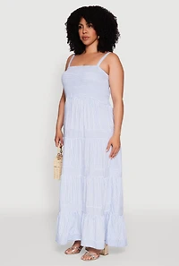 Womens Plus Size Smocked Tiered Maxi Sundress, Blue, Size 3X