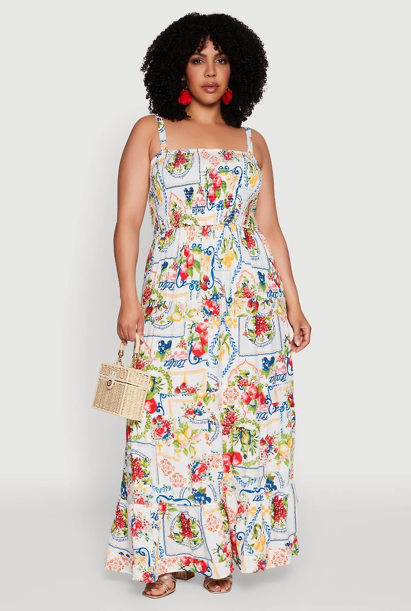 Womens Plus Size Smocked Tiered Maxi Sundress, Multi, Size 3X