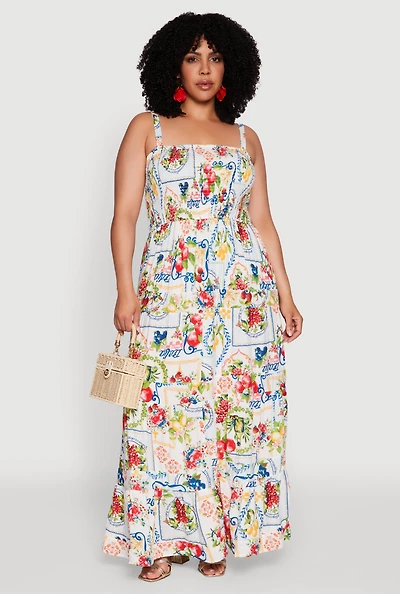 Womens Plus Size Smocked Tiered Maxi Sundress, Multi, Size 3X