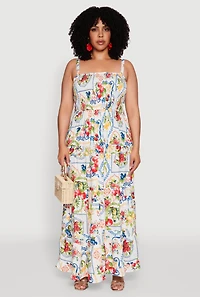 Womens Plus Size Smocked Tiered Maxi Sundress, Multi, Size 3X