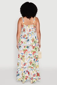 Womens Plus Size Smocked Tiered Maxi Sundress, Multi, Size 3X