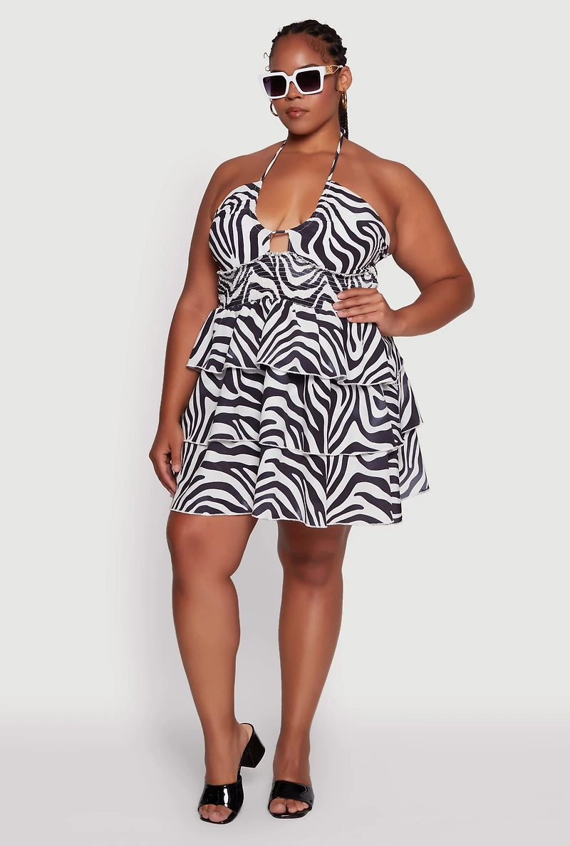 Womens Plus Size Animal Print Tiered Halter Dress, Multi, Size 3X
