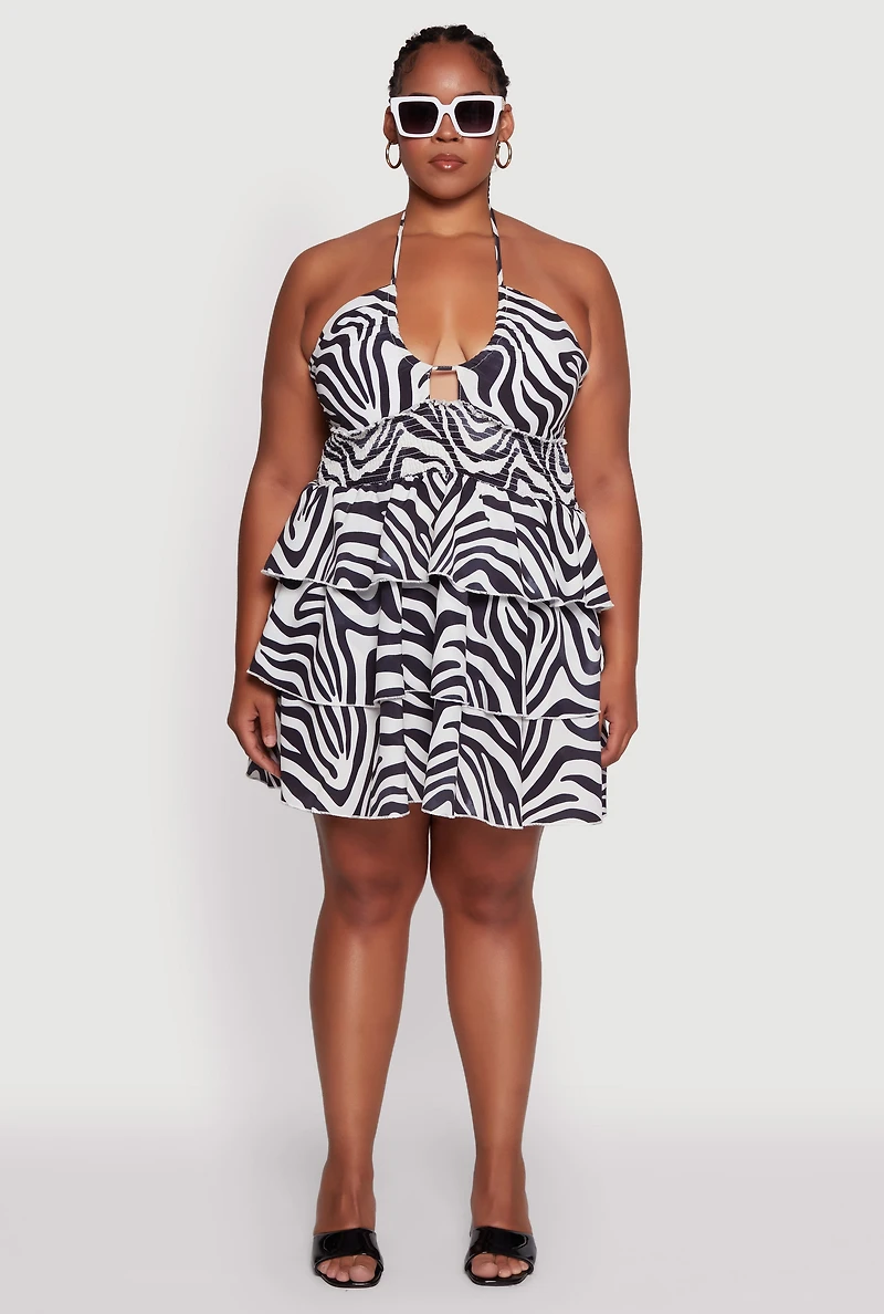 Womens Plus Size Animal Print Tiered Halter Dress, Multi, Size 2X