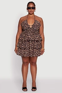 Womens Plus Size Animal Print Tiered Halter Dress, Brown, Size 3X