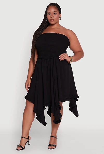 Womens Plus Smocked Handkerchief Hem Tube Dress,