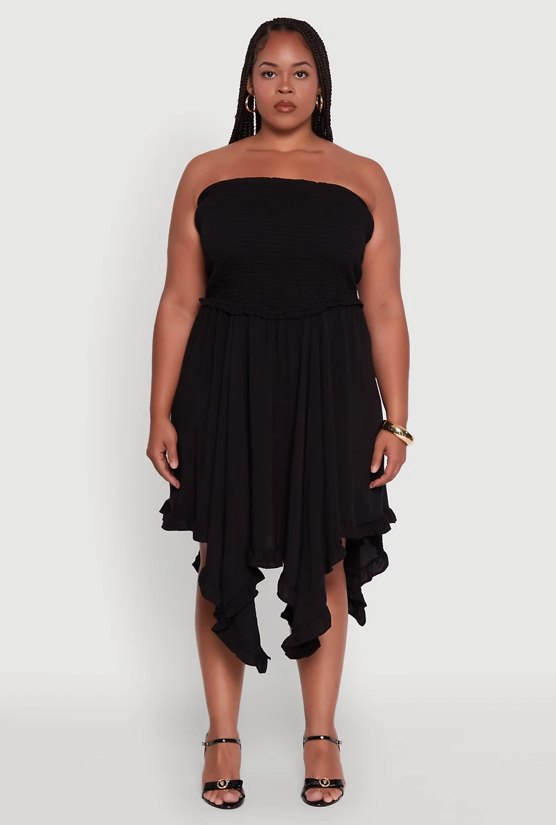 Womens Plus Smocked Handkerchief Hem Tube Dress, 3X
