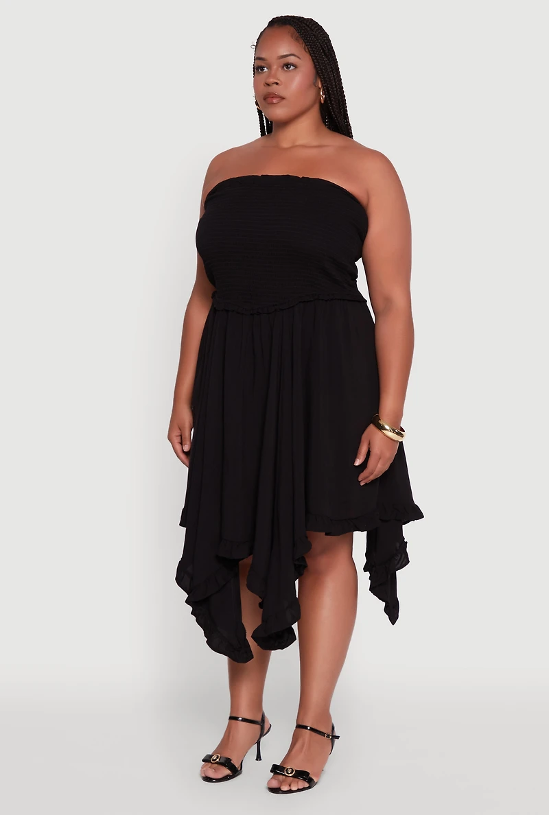Womens Plus Smocked Handkerchief Hem Tube Dress, 3X