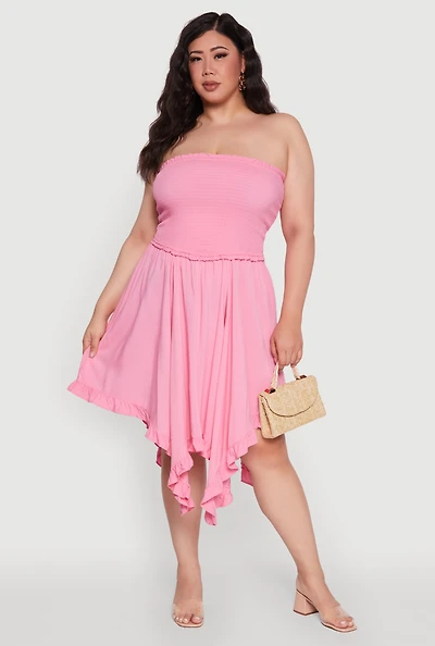Womens Plus Smocked Handkerchief Hem Tube Dress,