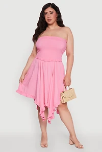 Womens Plus Size Smocked Handkerchief Hem Tube Dress, Pink, Size 1X