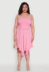 Womens Plus Size Smocked Handkerchief Hem Tube Dress, Pink, Size 1X