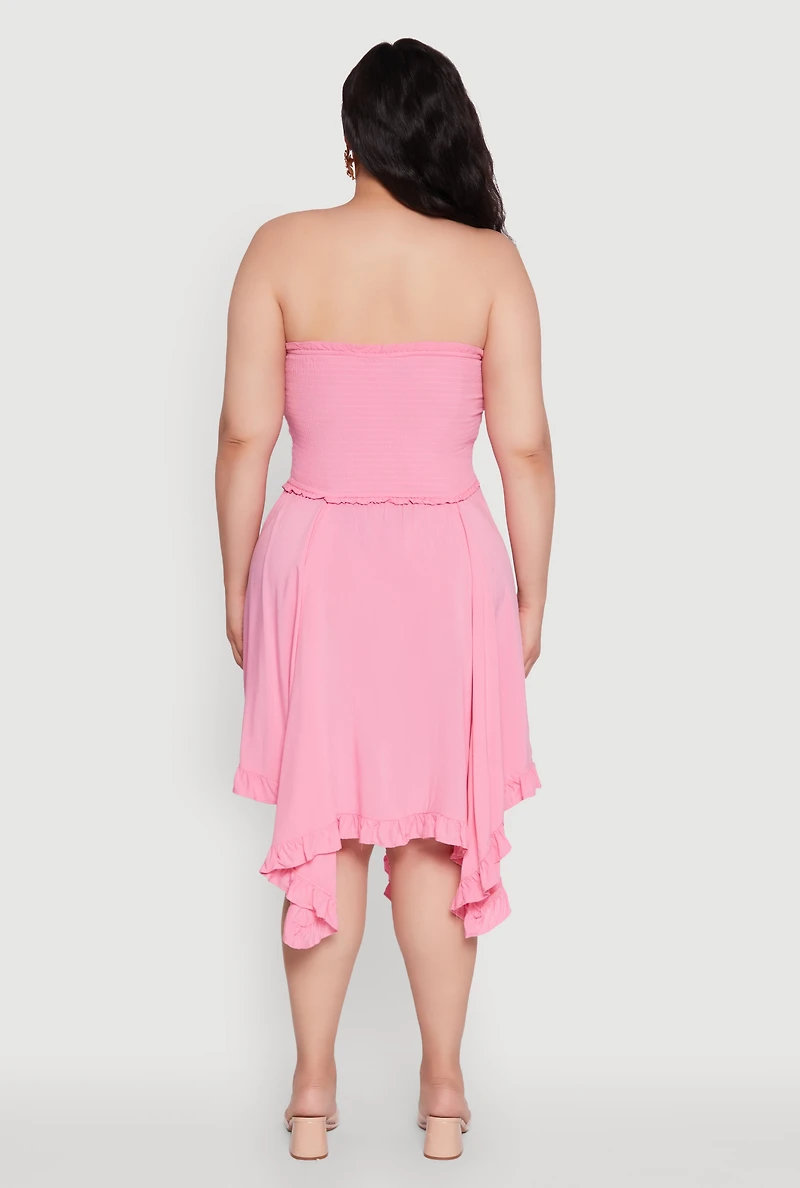 Womens Plus Size Smocked Handkerchief Hem Tube Dress, Pink, Size 1X