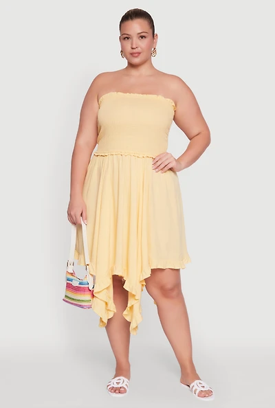 Womens Plus Size Smocked Handkerchief Hem Tube Dress, Yellow, Size 3X