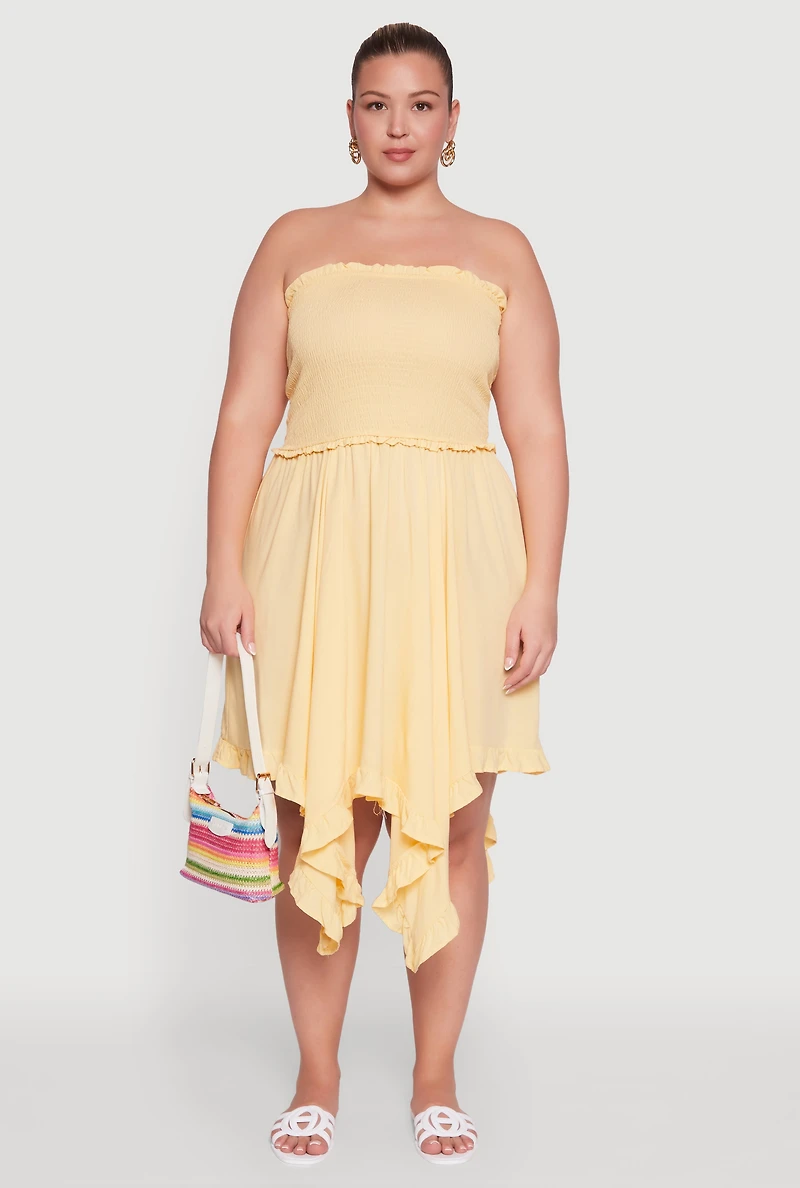 Plus Smocked Handkerchief Hem Tube Dress