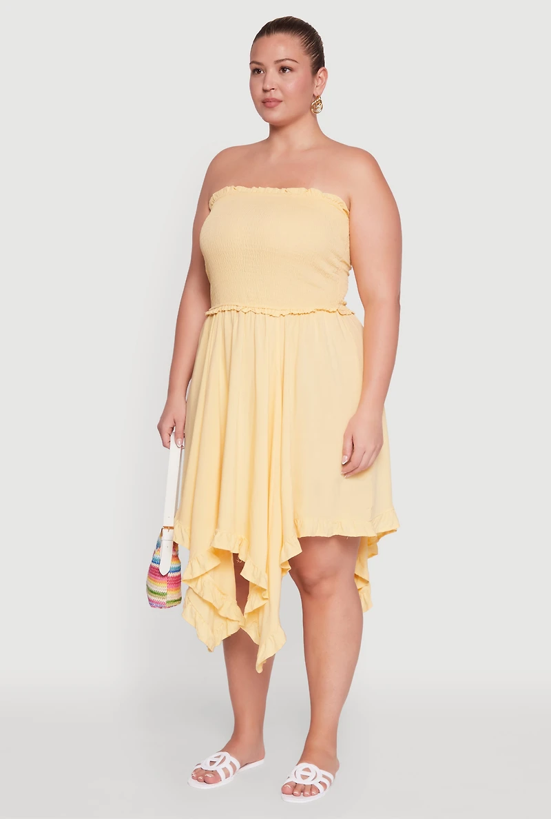 Plus Smocked Handkerchief Hem Tube Dress