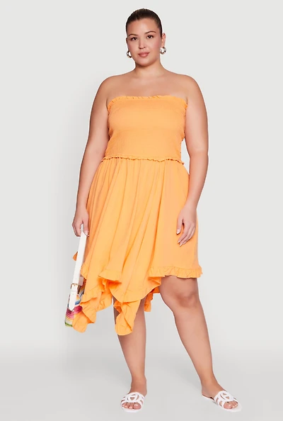Womens Plus Size Smocked Handkerchief Hem Tube Dress, Orange, Size 3X