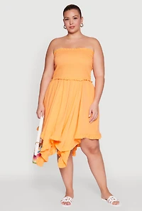 Womens Plus Size Smocked Handkerchief Hem Tube Dress, Orange, Size 3X