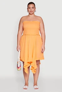 Womens Plus Size Smocked Handkerchief Hem Tube Dress, Orange, Size 3X
