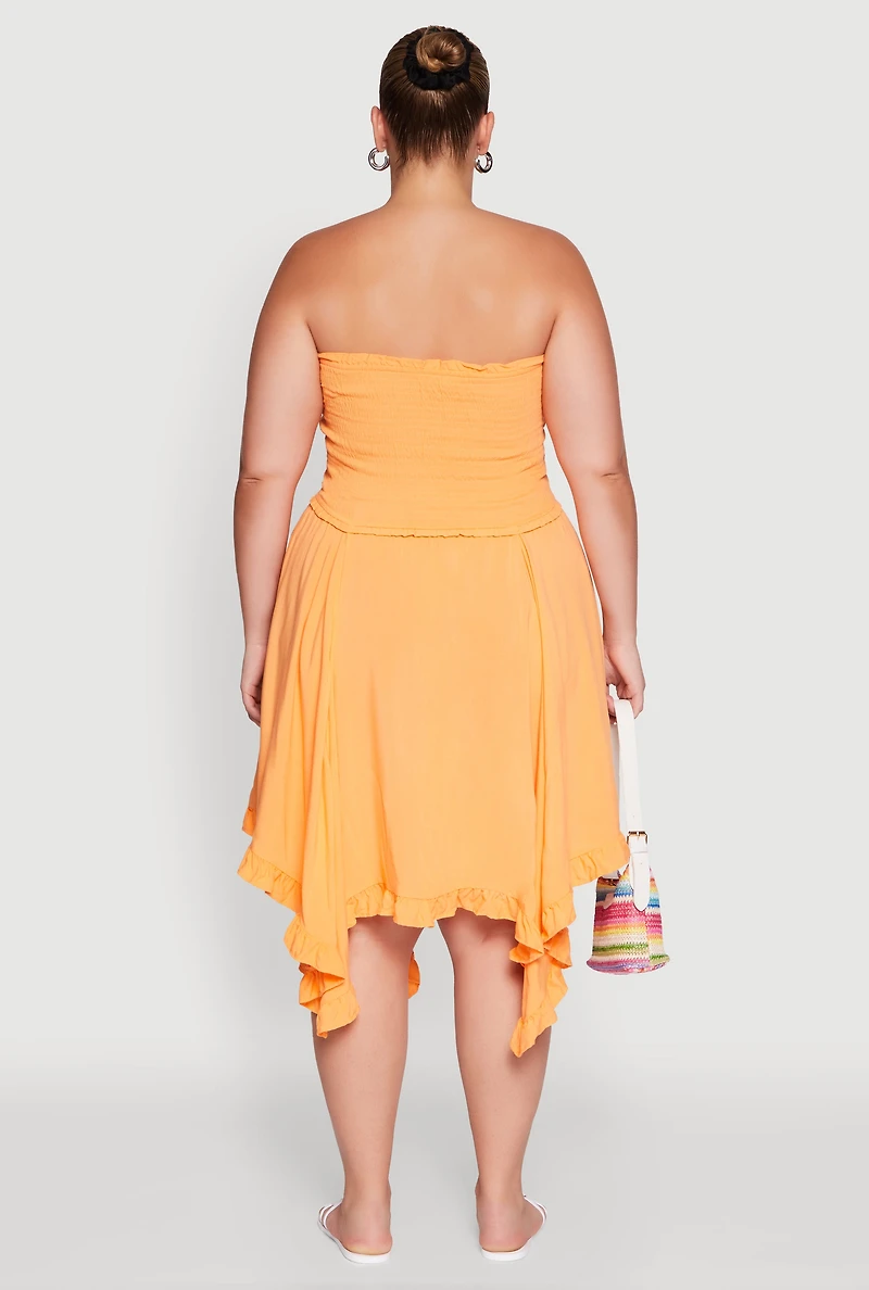 Womens Plus Smocked Handkerchief Hem Tube Dress,