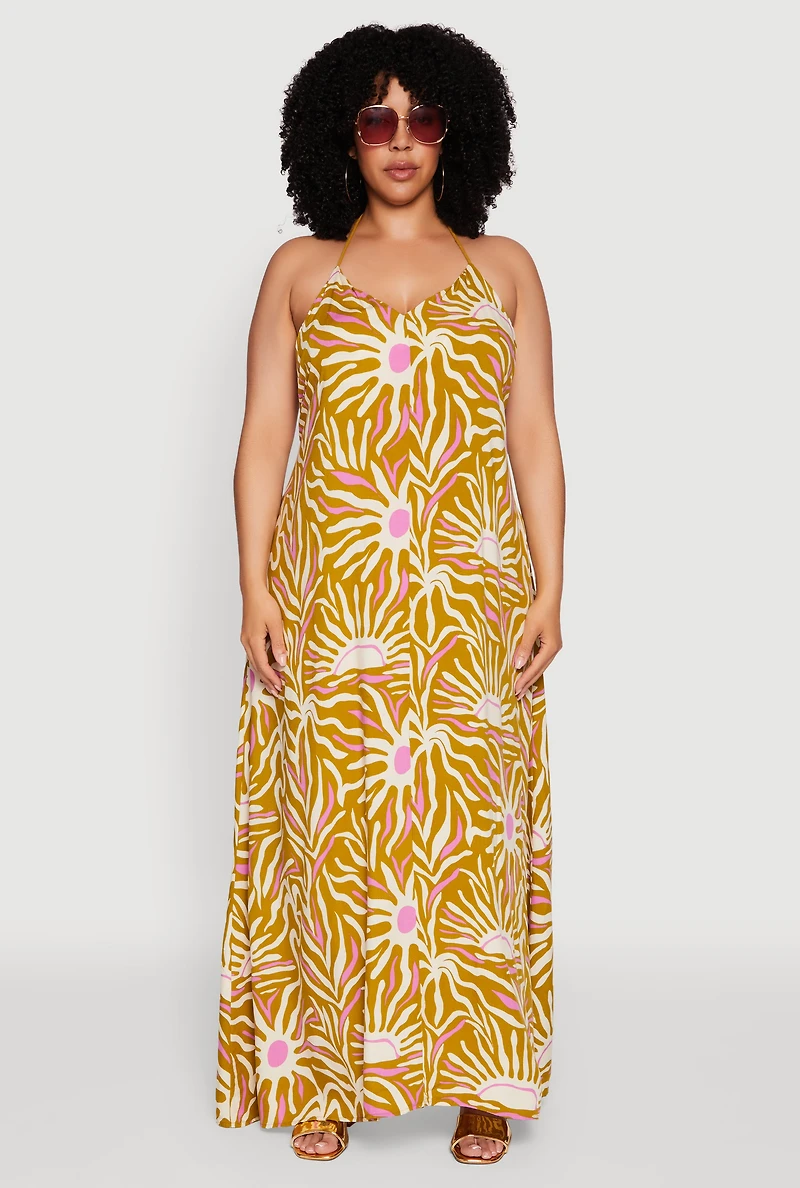 Womens Plus Size Printed Pattern Open Back Maxi Dress, Multi, Size 3X