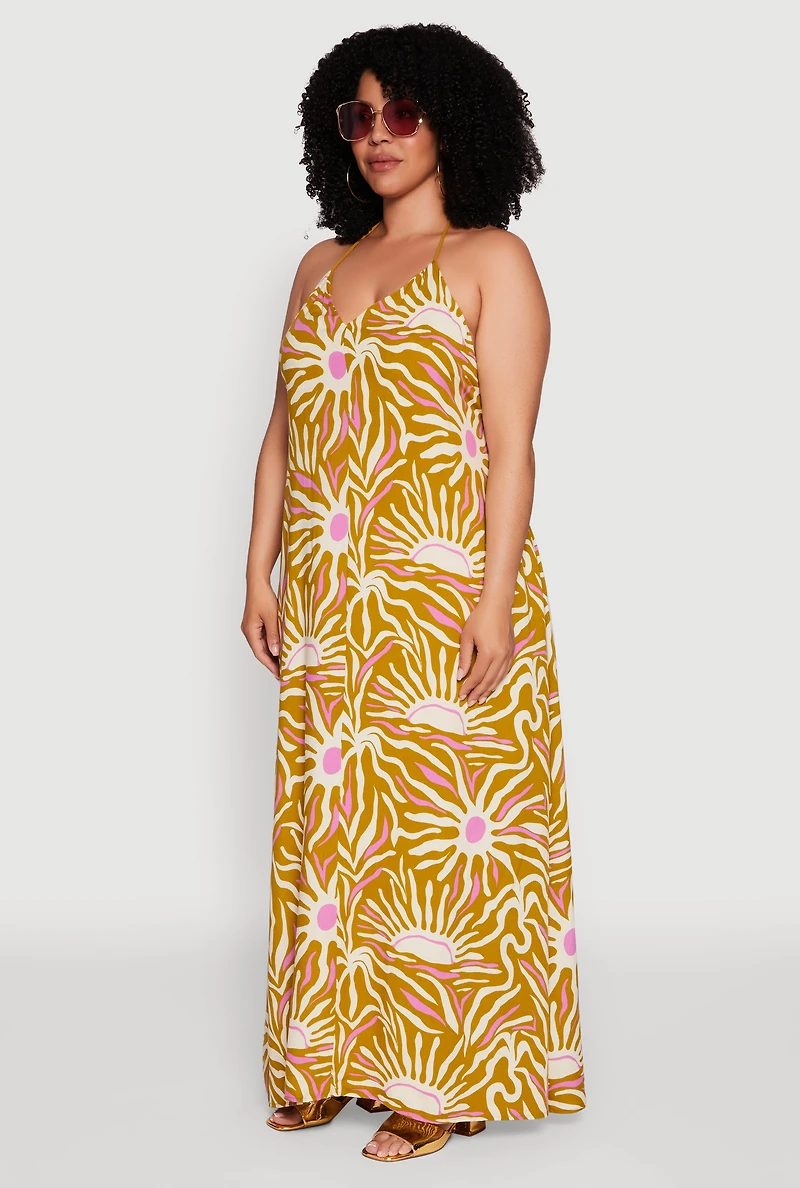 Womens Plus Size Printed Pattern Open Back Maxi Dress, Multi, Size 3X