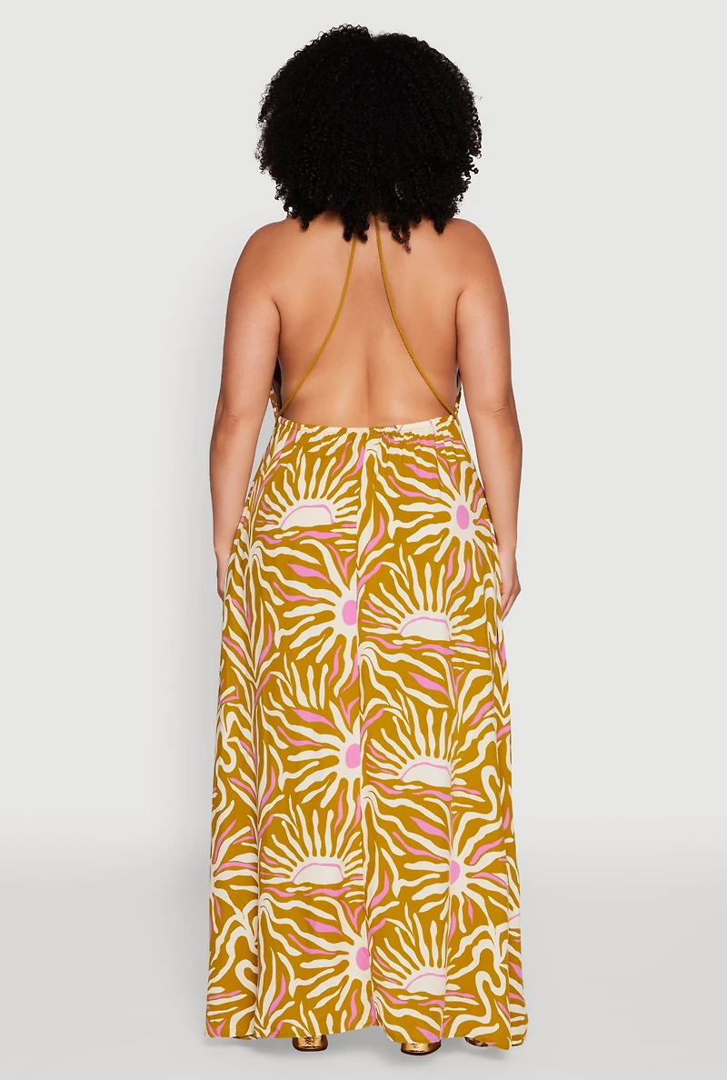 Womens Plus Size Printed Pattern Open Back Maxi Dress, Multi, Size 3X
