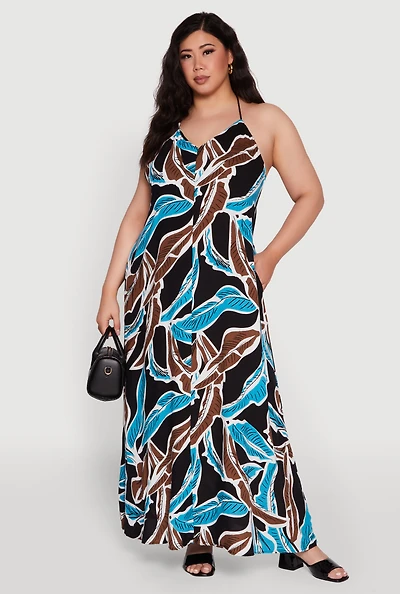 Womens Plus Printed Pattern Open Back Maxi Dress, Multi,