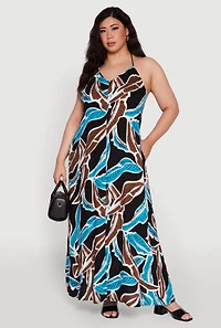 Womens Plus Printed Pattern Open Back Maxi Dress, Multi,
