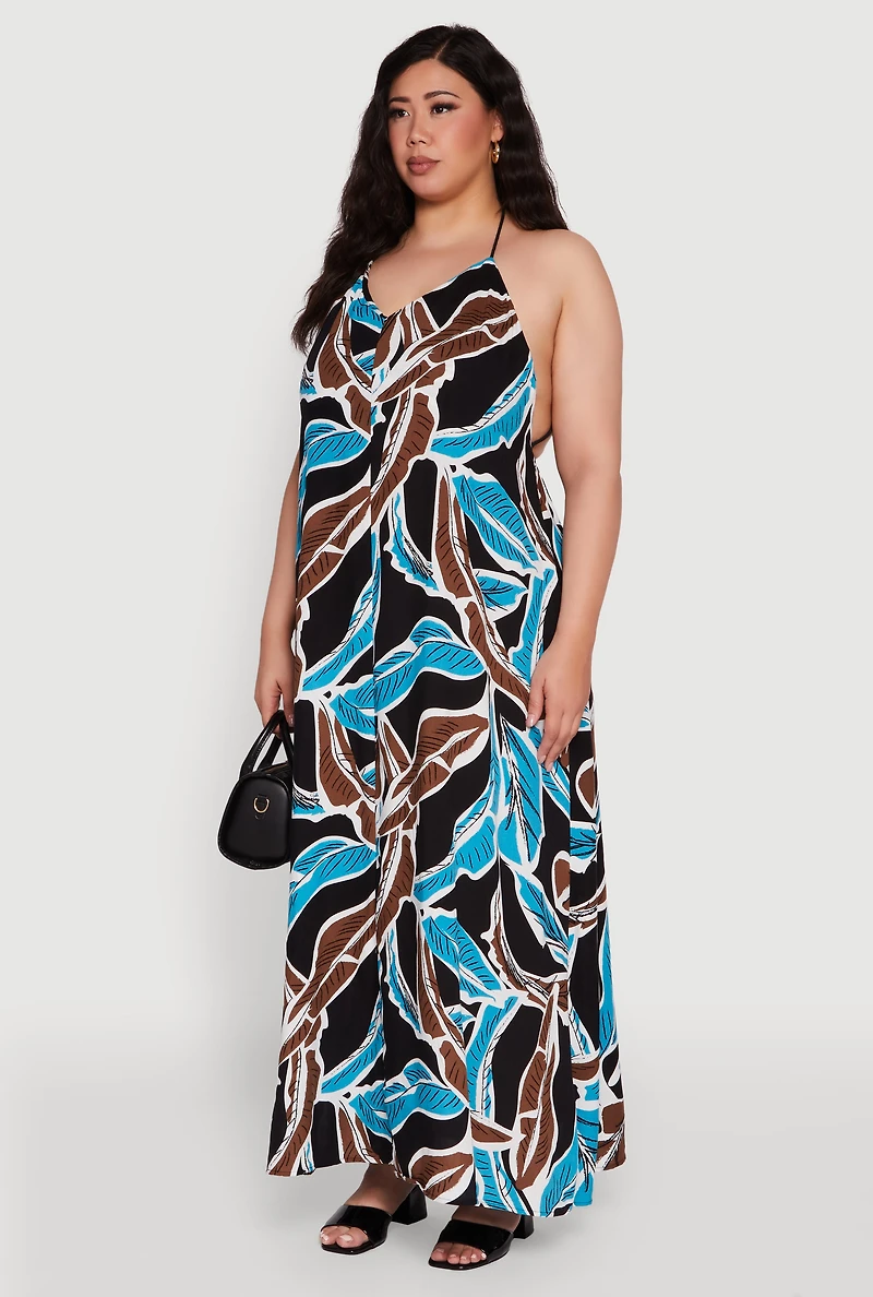 Womens Plus Size Printed Pattern Open Back Maxi Dress, Multi, Size 2X